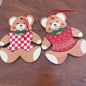 Wooden Bear Ornaments with Red and Green Accents